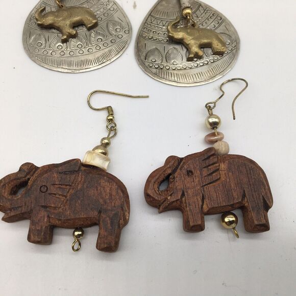 2 Pair Elephant Dangle Earrings Safari Boho Tribal Wooden Silver And Gold Tone - Picture 2 of 6